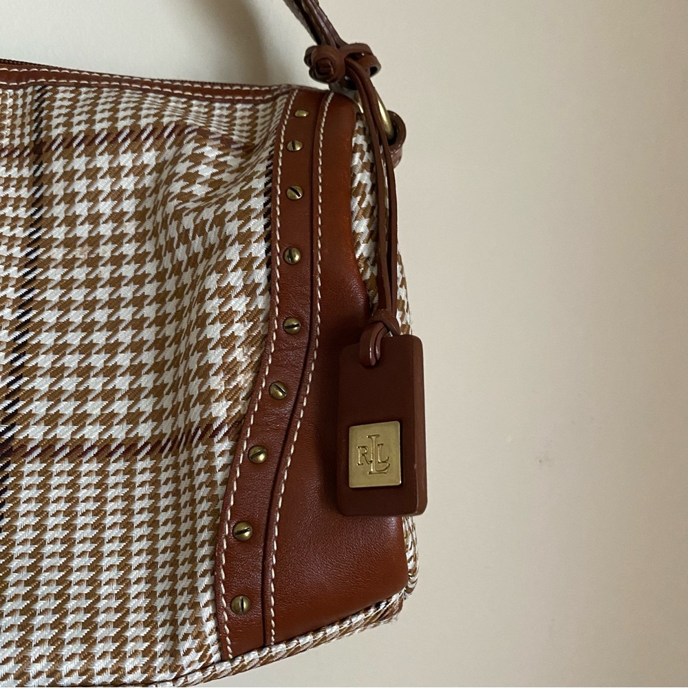 Lauren Ralph Lauren Houndstooth Barrel Shoulder Bag Brown Cream Y2K - Picture 3 of 5
